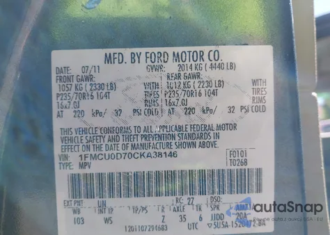 2012 Ford Escape Xlt из США, поврежденный, VIN 1FMCU0D70CKA38146